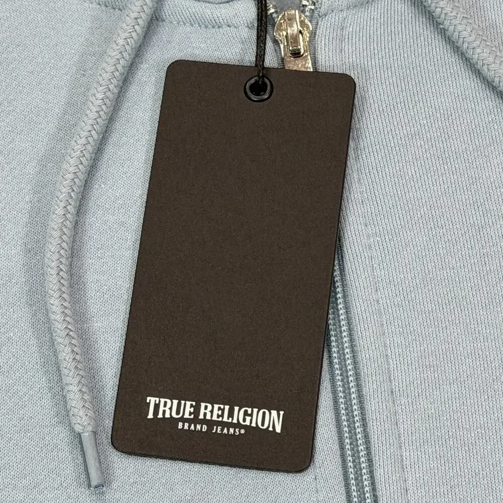 True Religion Men's OBB Full Zip Hoodie Dusty Blue Fleece Sweatshirt Large L NWT